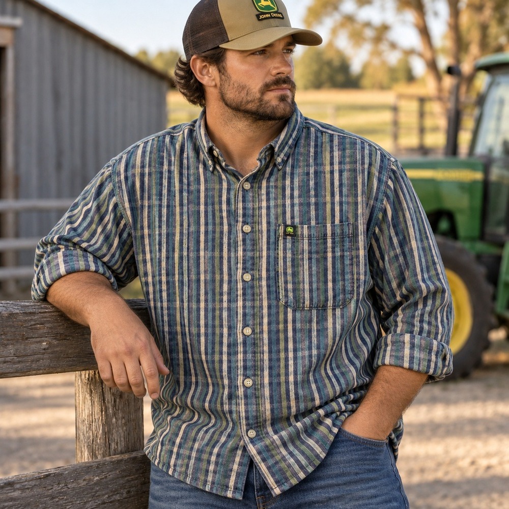 John Deere Button Down Shirt Plaid Flannel Heavy Cotton Men's XXL Blue Green